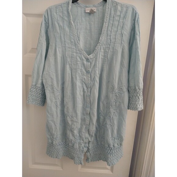 Soft Surroundings Embroidered Button Down Blouse Blue Xl Boho Cottage Core - Picture 1 of 12